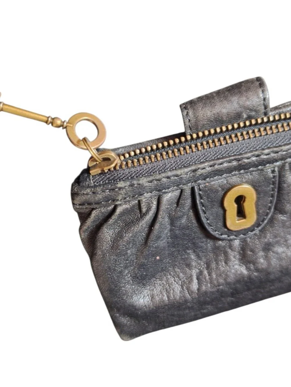 Fossil Black Smooth Leather Double Zip Coin Pouch Wallet Vintage Key Pulls Soft